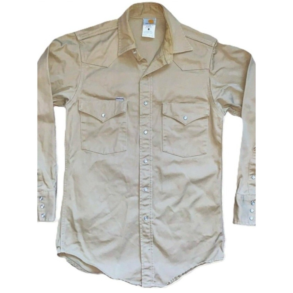 Carhartt Western Wear 155/33 (Lg) Shirt Pearl Snap‎ LS Tan Vintage 2001 Read